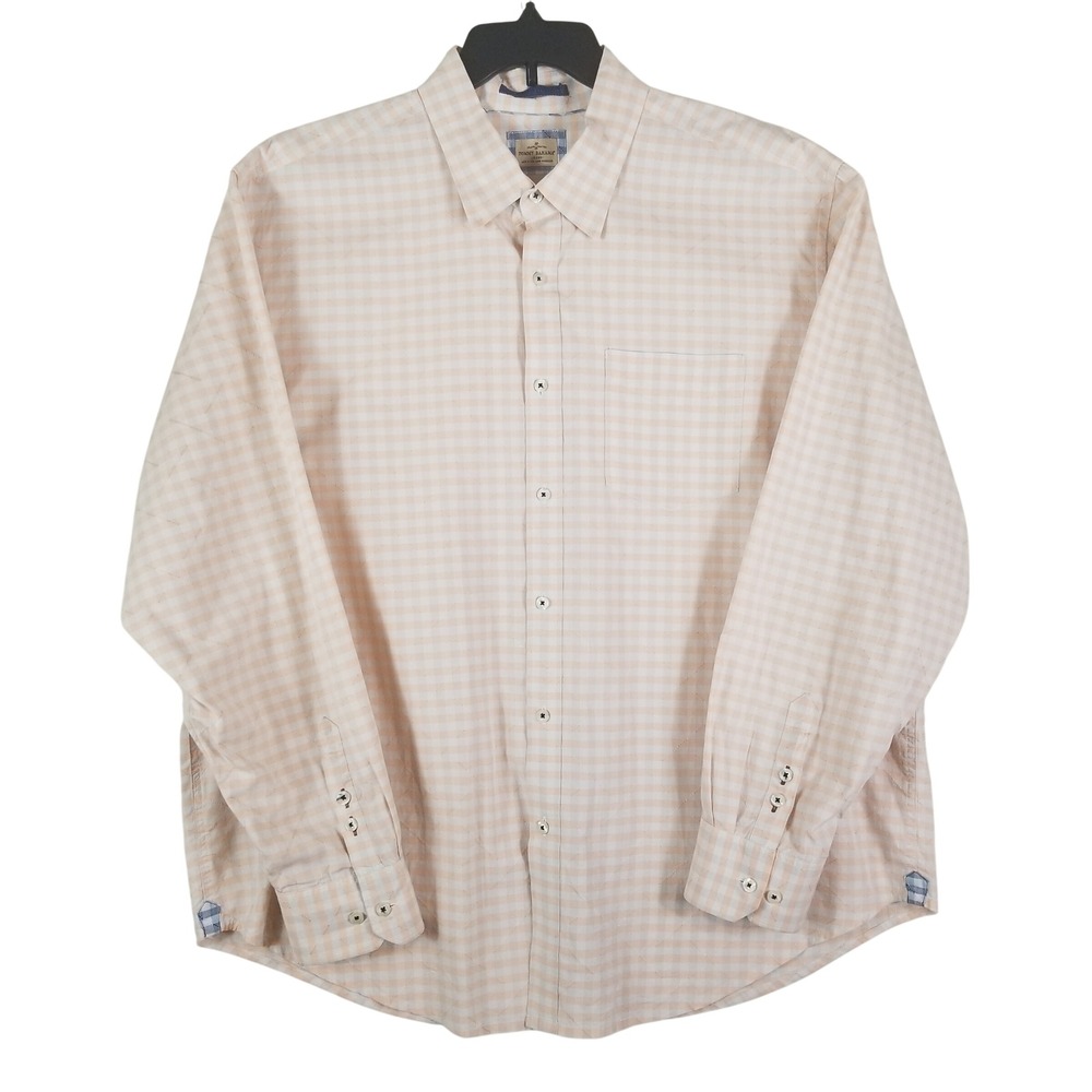 Tommy Bahama Button Up Shirt Men XXL Peach Gingham Embroidered Long Sleeve
